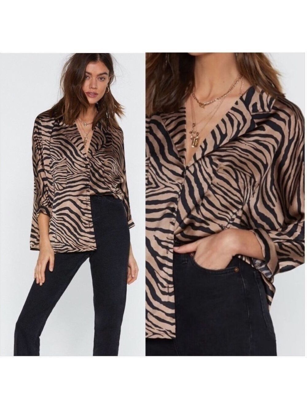 NASTY GAL SILKY TIGER ANIMAL PRINT BUTTON DOWN TOP BLOUSE